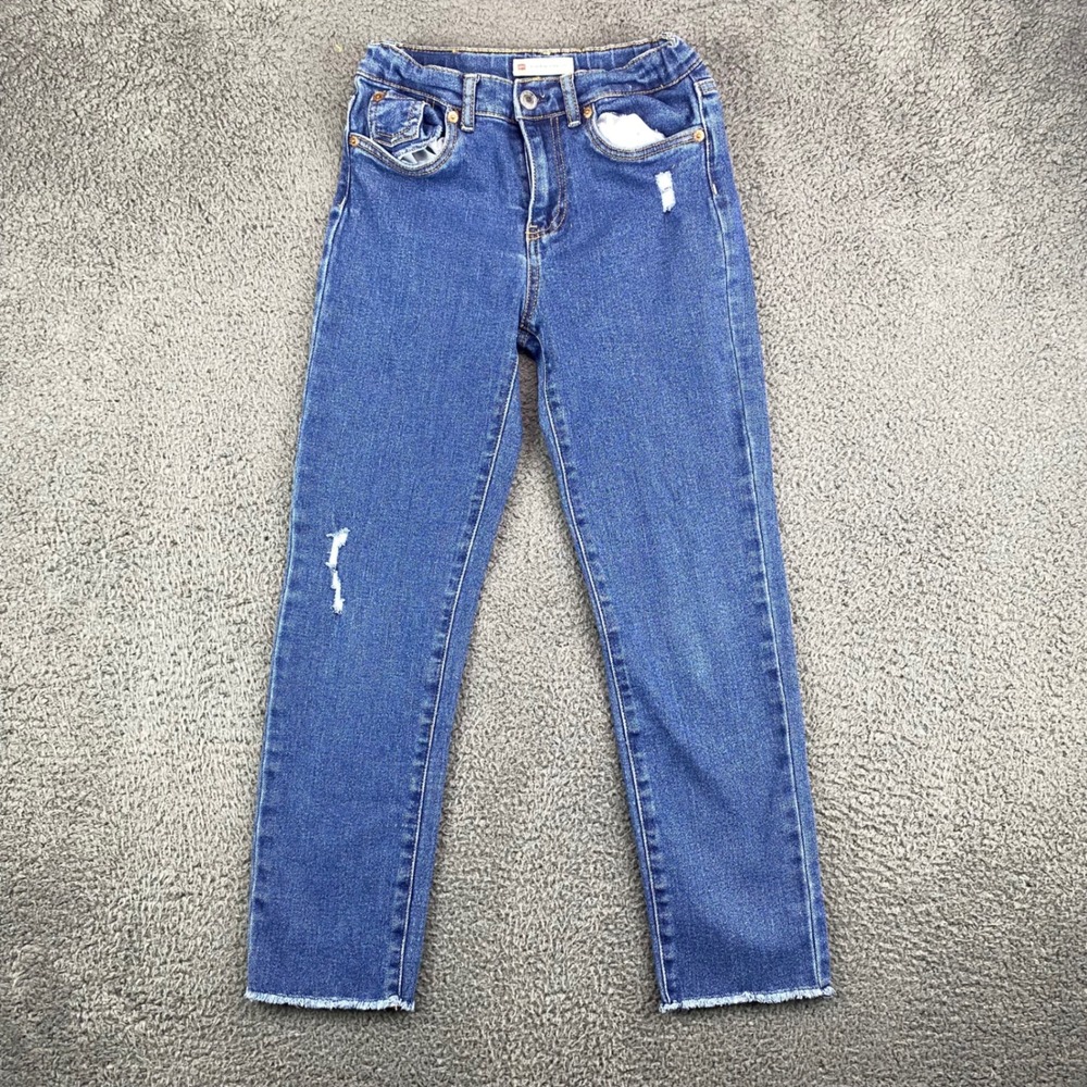 Levis Girls Blue Denim Jeans‎ Size 6 Distressed Frayed Hem Adjustable Waist